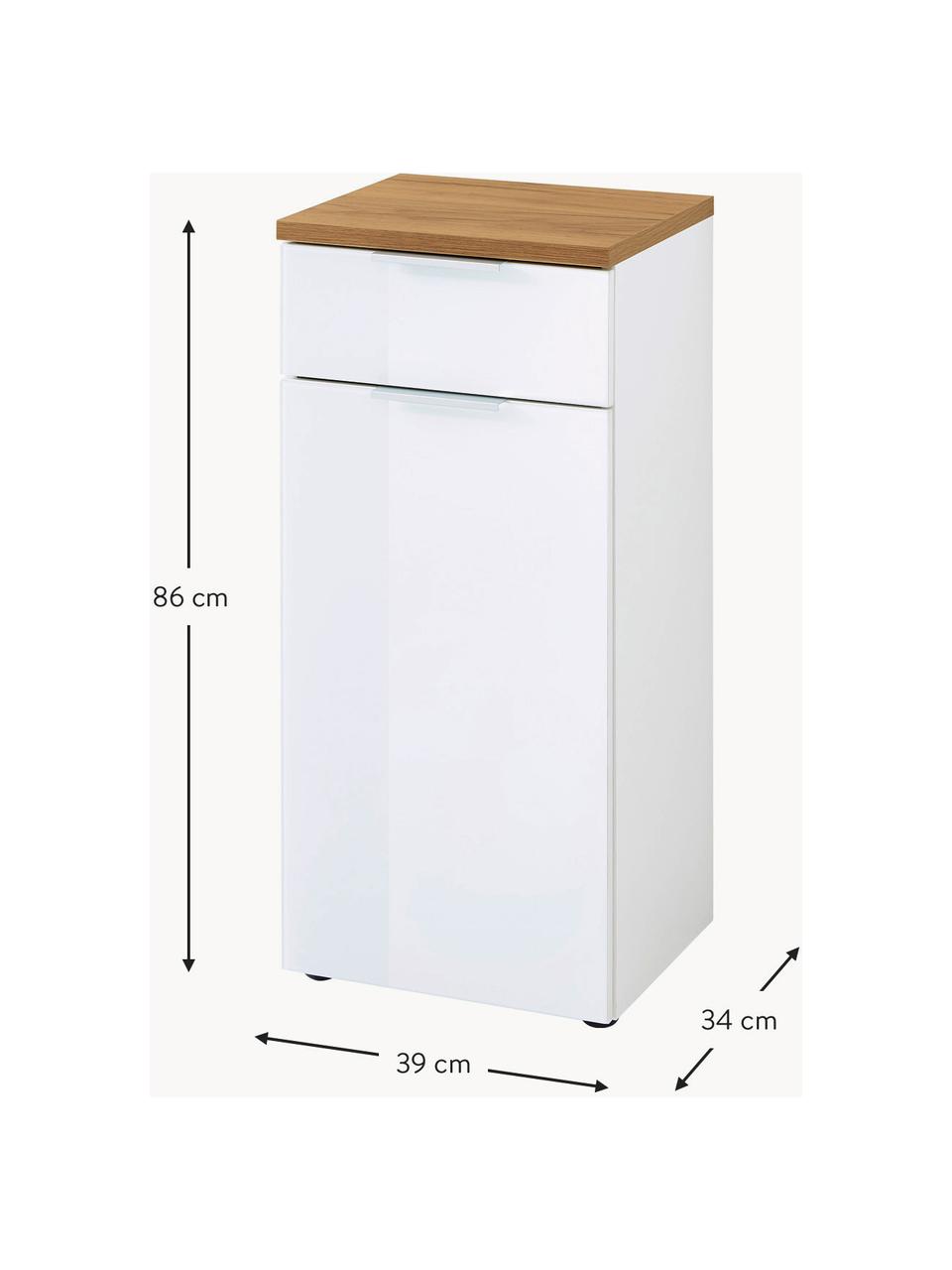 Bad-Midischrank Julian, B 39 cm, Korpus: Spanplatte, melaminbeschi, Front: Glas, Spanplatte, melamin, Griffe: Metall, eloxiert, Füße: Kunststoff, Weiß, Helles Holz, B 39 x H 86 cm