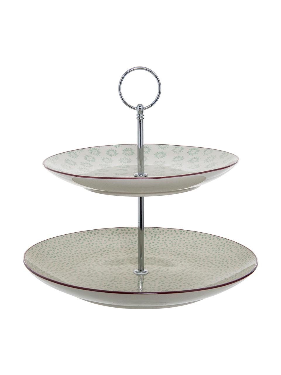 Handbemalte Steingut Etagere Patrizia mit verspieltem Muster, Ø 25 cm, Ablagefläche: Steingut, Stange: Metall, Weiss, Grün, Rot, Ø 25 x H 25 cm