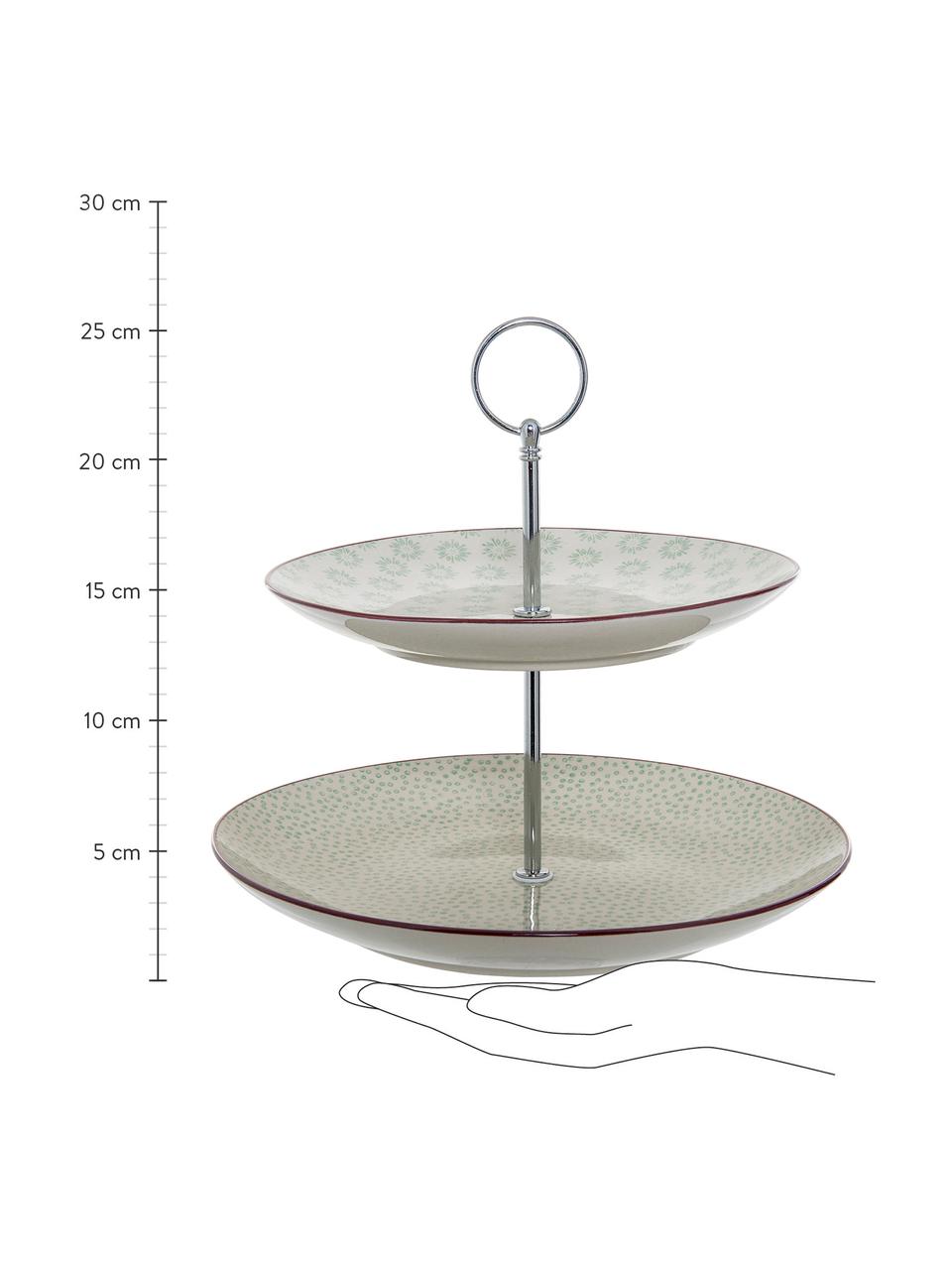 Handbeschilderde keramische etagère Patrizia met een speels patroon, Ø 25 cm, Stang: metaal, Wit, groen, rood, Ø 25 x H 25 cm