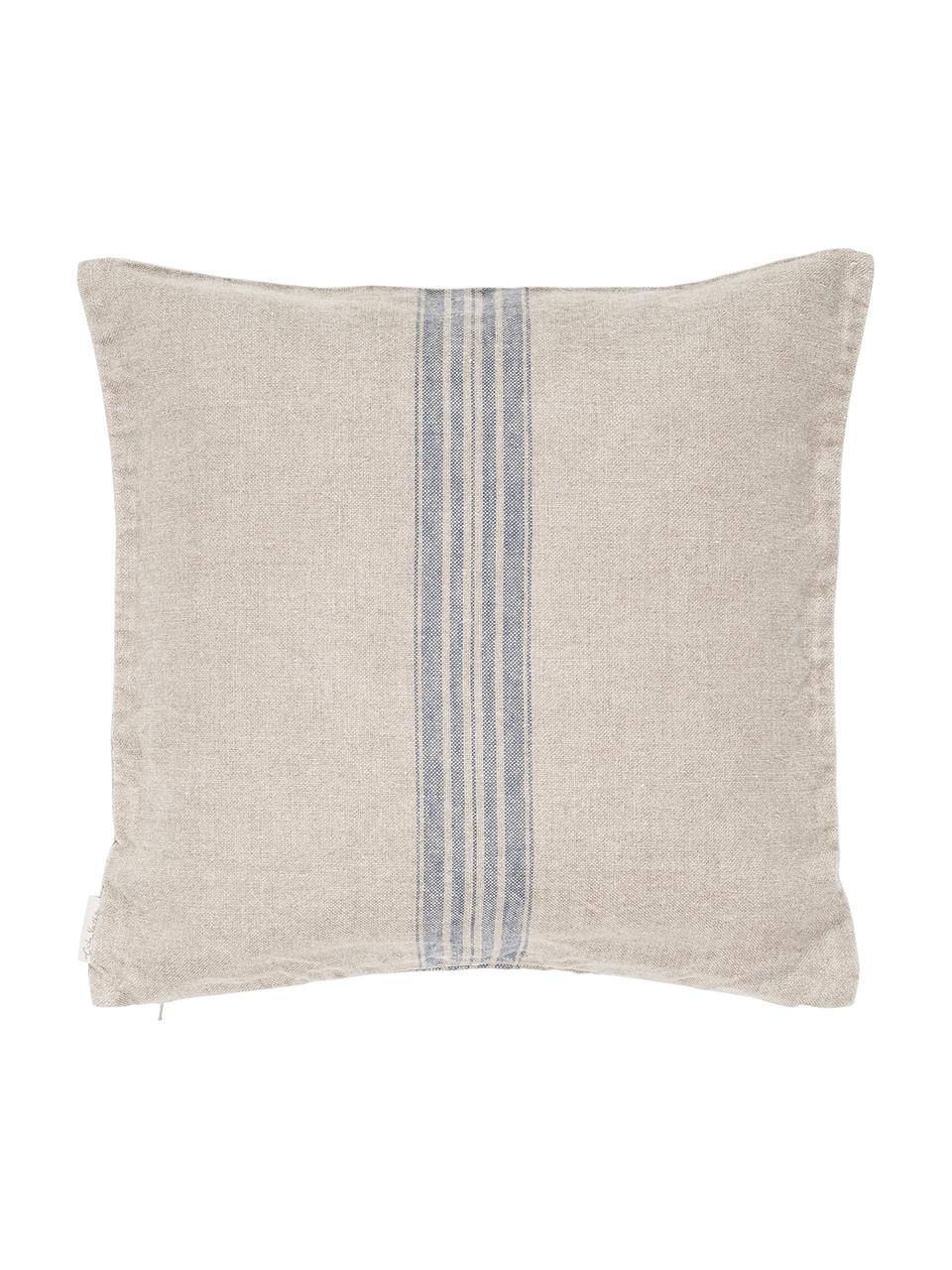 Beige linnen kussenhoes Jara met blauwe strepen, Beige, blauw, 40 x 40 cm