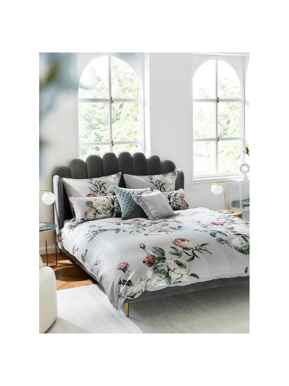 Housse de couette en satin de coton Blossom, Gris, motif floral, larg. 140 x long. 200 cm