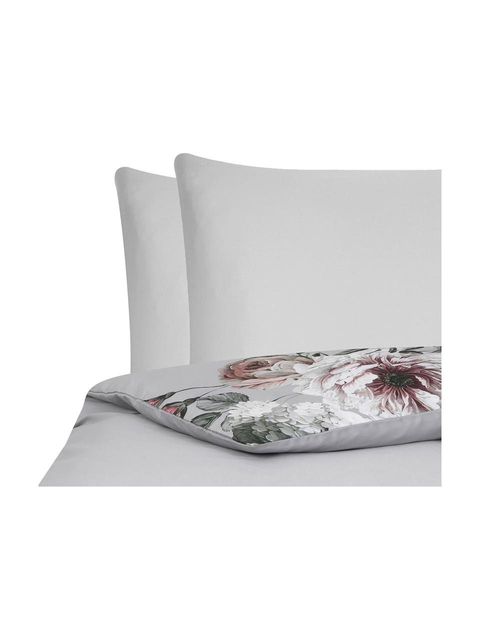 Housse de couette en satin de coton Blossom, Gris, motif floral, larg. 140 x long. 200 cm