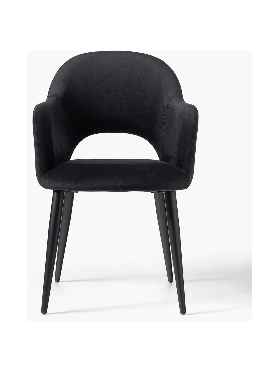 Krzesło z podłokietnikami z aksamitu Rachel, Tapicerka: aksamit (poliester) Dzięk, Nogi: metal malowany proszkowo, Stelaż: sklejka Ten produkt jest , Czarny aksamit, S 55 x G 65 cm
