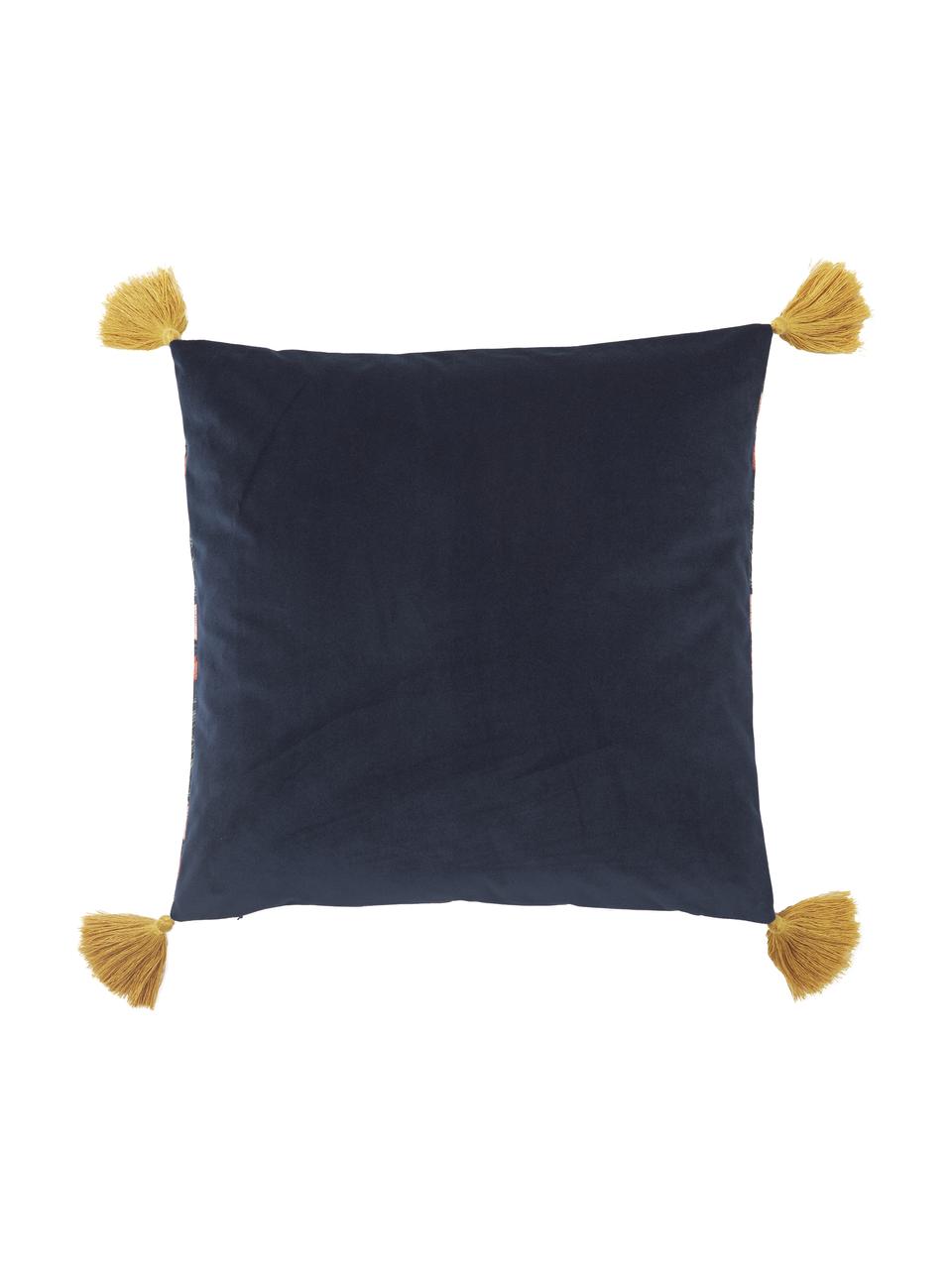 Poszewka na poduszkę z aksamitu z chwostami Pari, Ciemny niebieski, żółty, czerwony, S 45 x D 45 cm