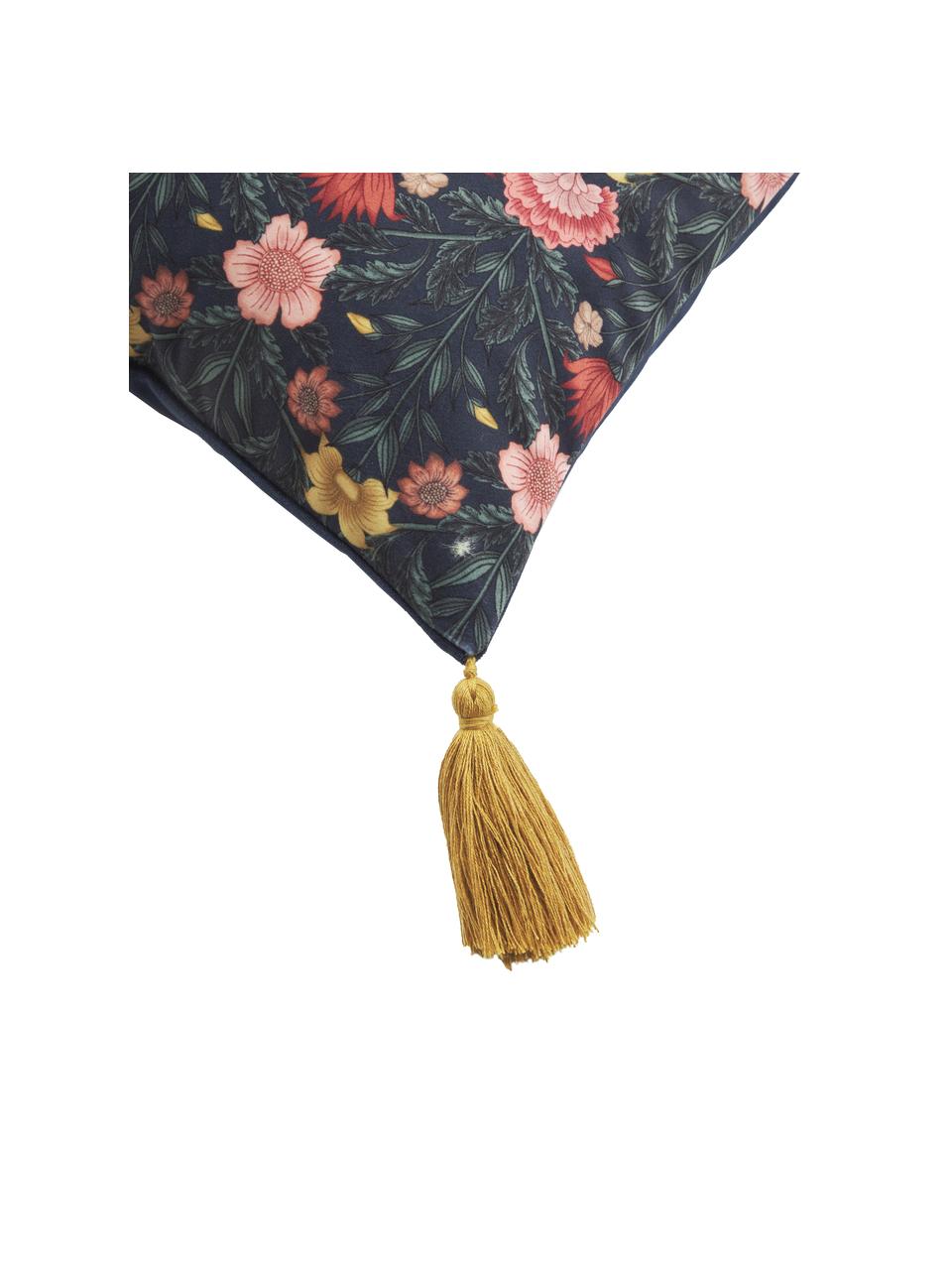 Fluwelen kussenhoes Pari met bloemenpatroon en kwastjes, Kwastjes: 100 % katoen, Donkerblauw,geel,rood, B 45 x L 45 cm