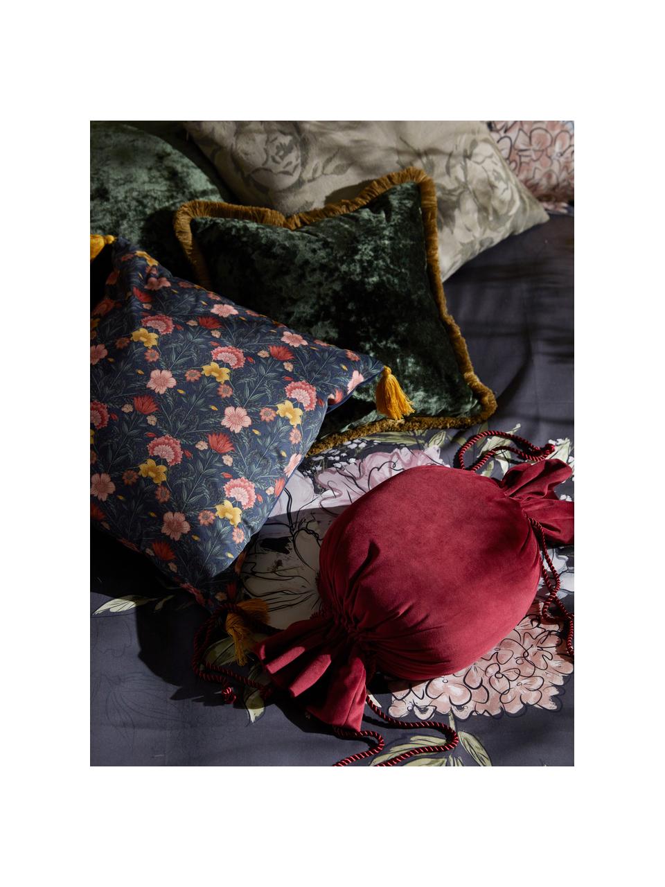 Samt-Kissenhülle Pari mit floralem Muster und Quasten, Dunkelblau,Gelb,Rot, B 45 x L 45 cm