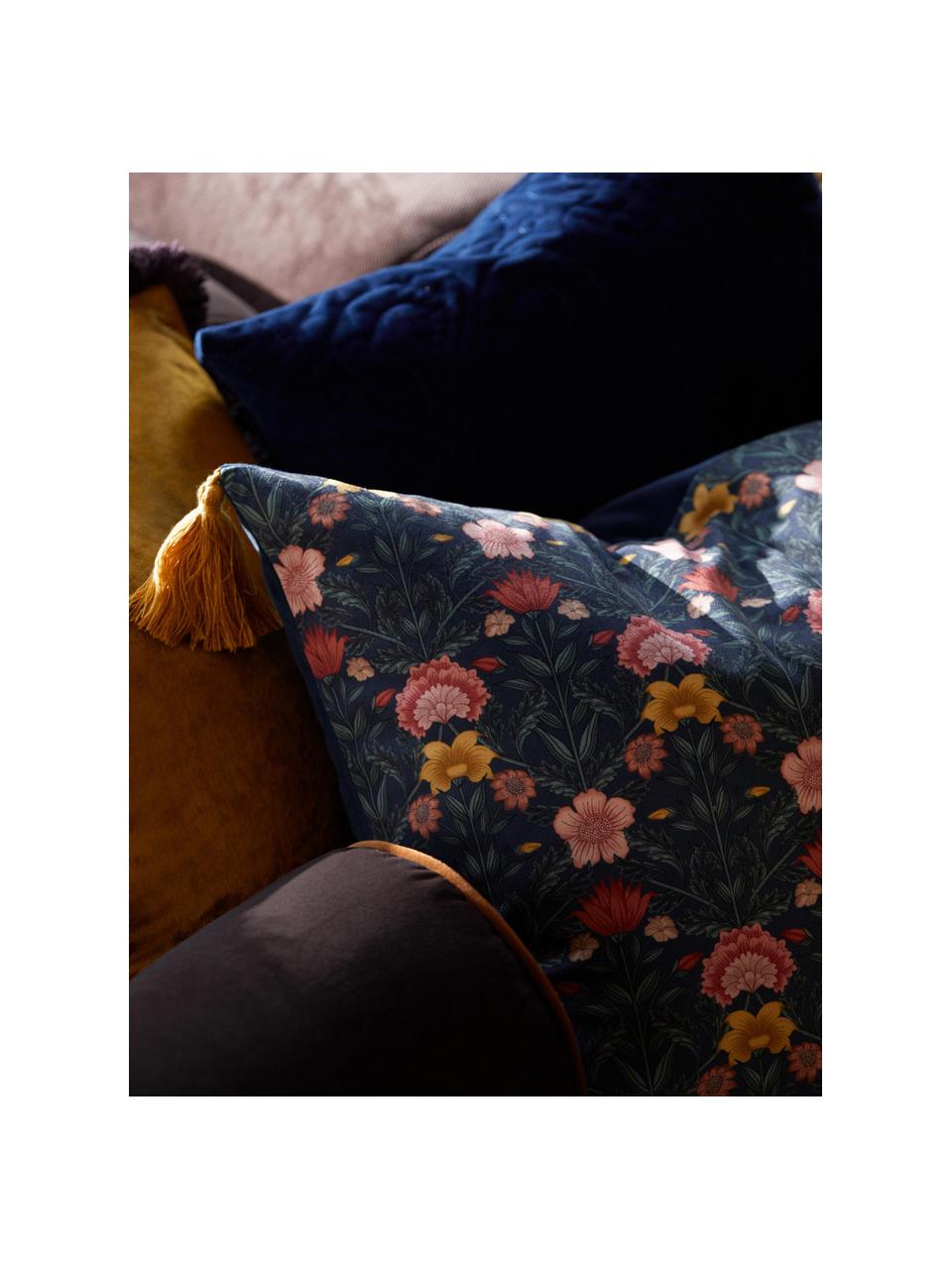 Fluwelen kussenhoes Pari met bloemenpatroon en kwastjes, Kwastjes: 100 % katoen, Donkerblauw,geel,rood, B 45 x L 45 cm