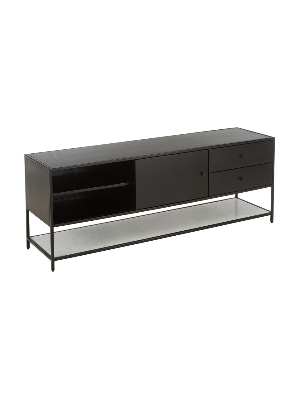 Credenza bassa con ripiano in marmo Lenny, Struttura: metallo verniciato a polv, Nero, marmo bianco-grigio, Larg. 150 x Alt. 55 cm