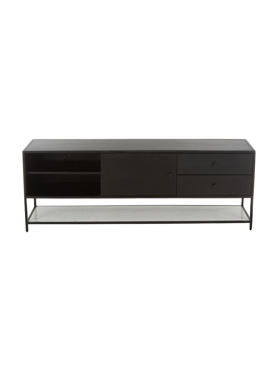 Credenza bassa con ripiano in marmo Lenny, Struttura: metallo verniciato a polv, Nero, marmo bianco-grigio, Larg. 150 x Alt. 55 cm