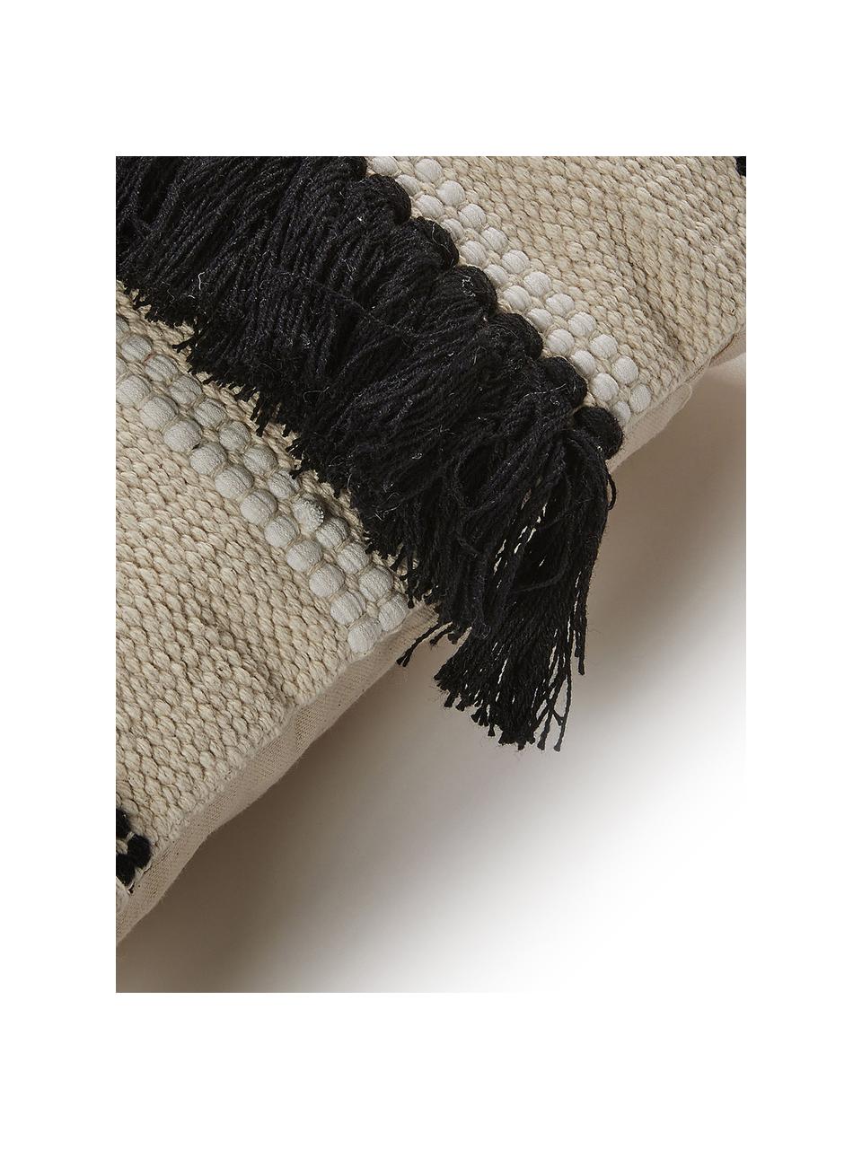 Federa Boho in cotone con frange Franny, Cotone, Bianco, ecru, nero, Larg. 45 x Lung. 45 cm