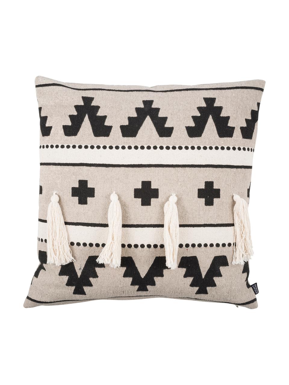 Ethno Kissenhülle Wildheart mit Quasten, 100% Baumwolle, Beige, Creme, Schwarz, 50 x 50 cm