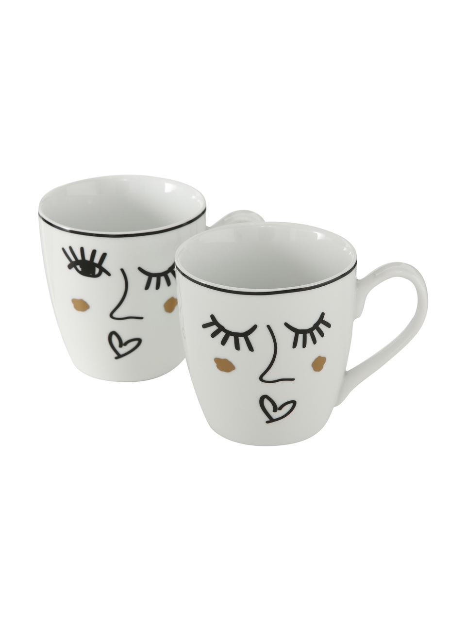 Taza de café Glamy, 2 uds., Porcelana, Blanco, negro, dorado, Ø 10 x Al 10 cm