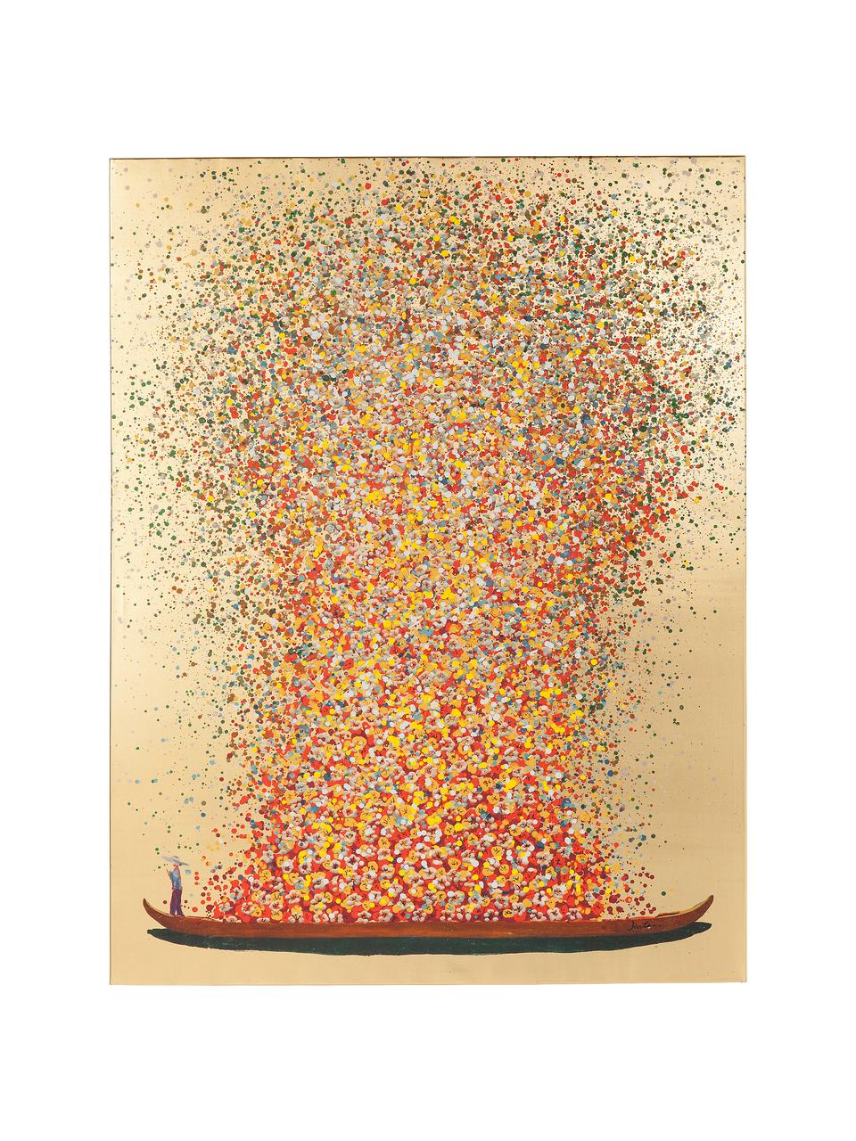 Impression sur toile peinte à la main Flower Boat, Couleur dorée, rouge, larg. 80 x haut. 100 cm