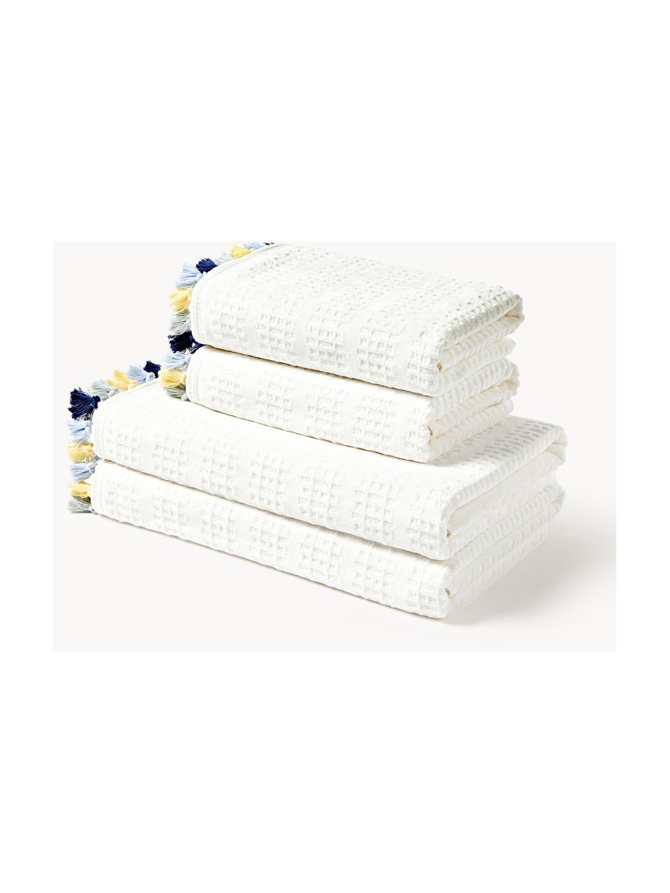 Komplet ręczników z weluru z frędzlami Tallulah, różne rozmiary, Kremowobiały, odcienie niebieskiego, odcienie żółtego, Komplet z różnymi rozmiarami
