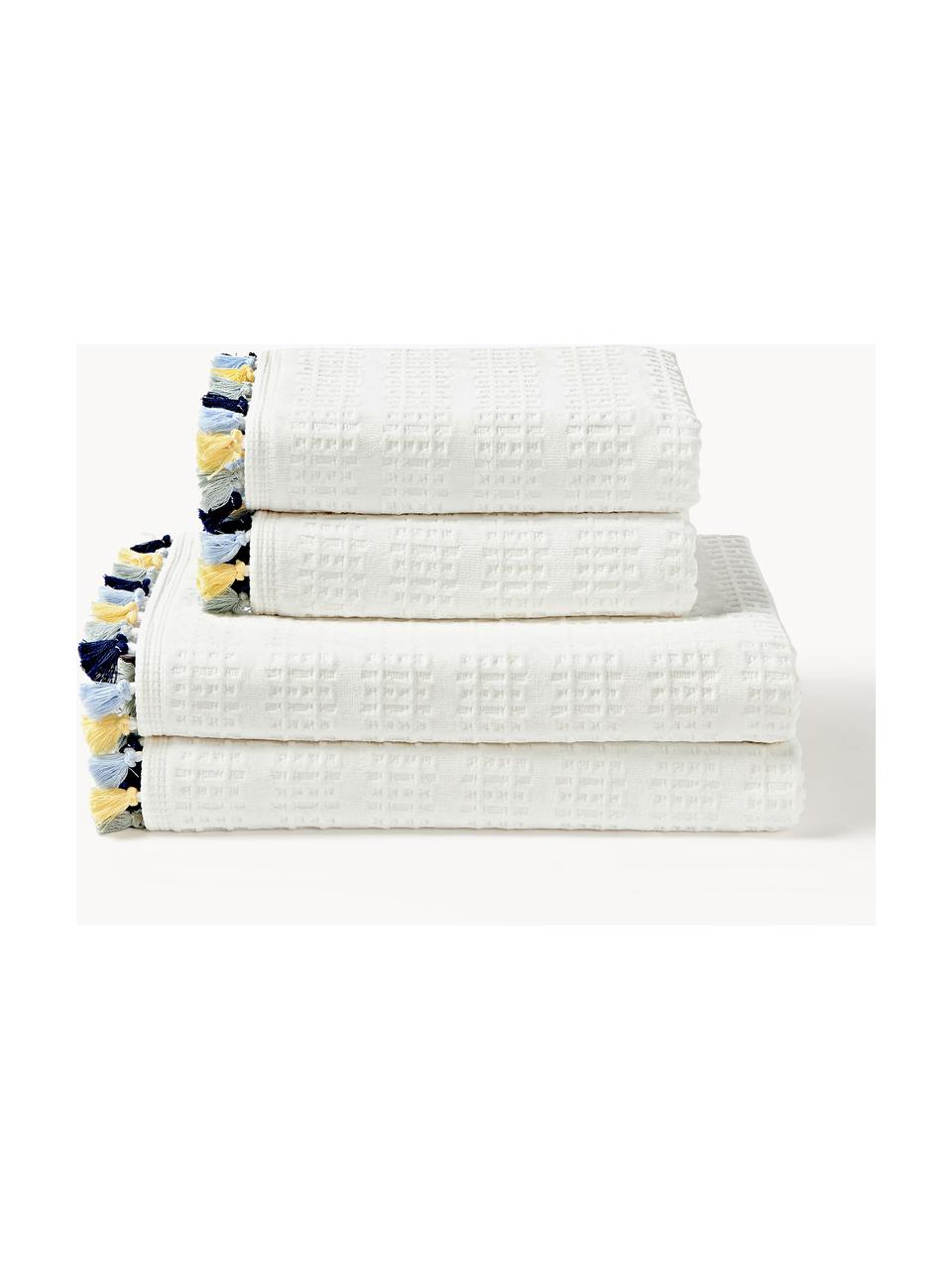 Komplet ręczników z weluru z frędzlami Tallulah, różne rozmiary, Kremowobiały, odcienie niebieskiego, odcienie żółtego, Komplet z różnymi rozmiarami