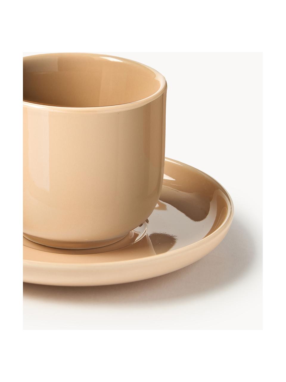 Porcelánové pohárky na espresso s podšálky Nessa, 4 ks, Vysoce kvalitní tvrdý porcelán, glazovaný, Broskvová, lesklá, Ø 7 cm x V 6 cm, 90 ml