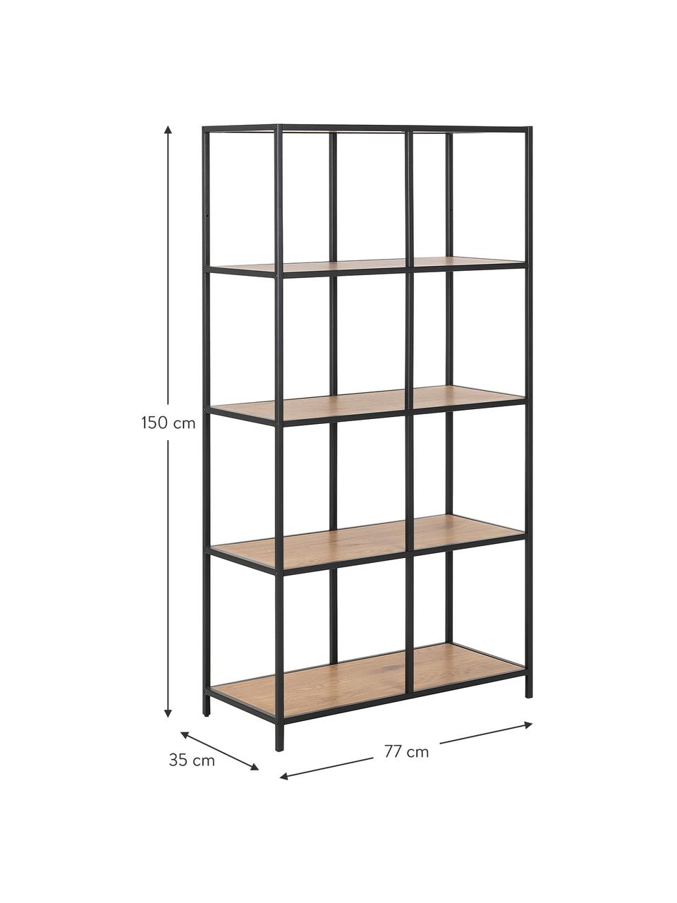 Estantería de madera y metal Seaford, Estantería: tablero de fibras de dens, Estructura: metal con pintura en polv, Negro, roble, An 77 x Al 150 cm