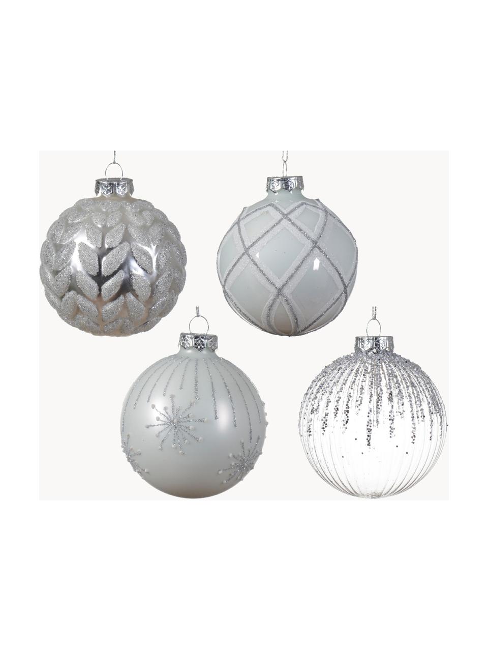 Kerstballen Glam, set van 12, Glas, Wit, zilverkleurig, Ø 8 cm