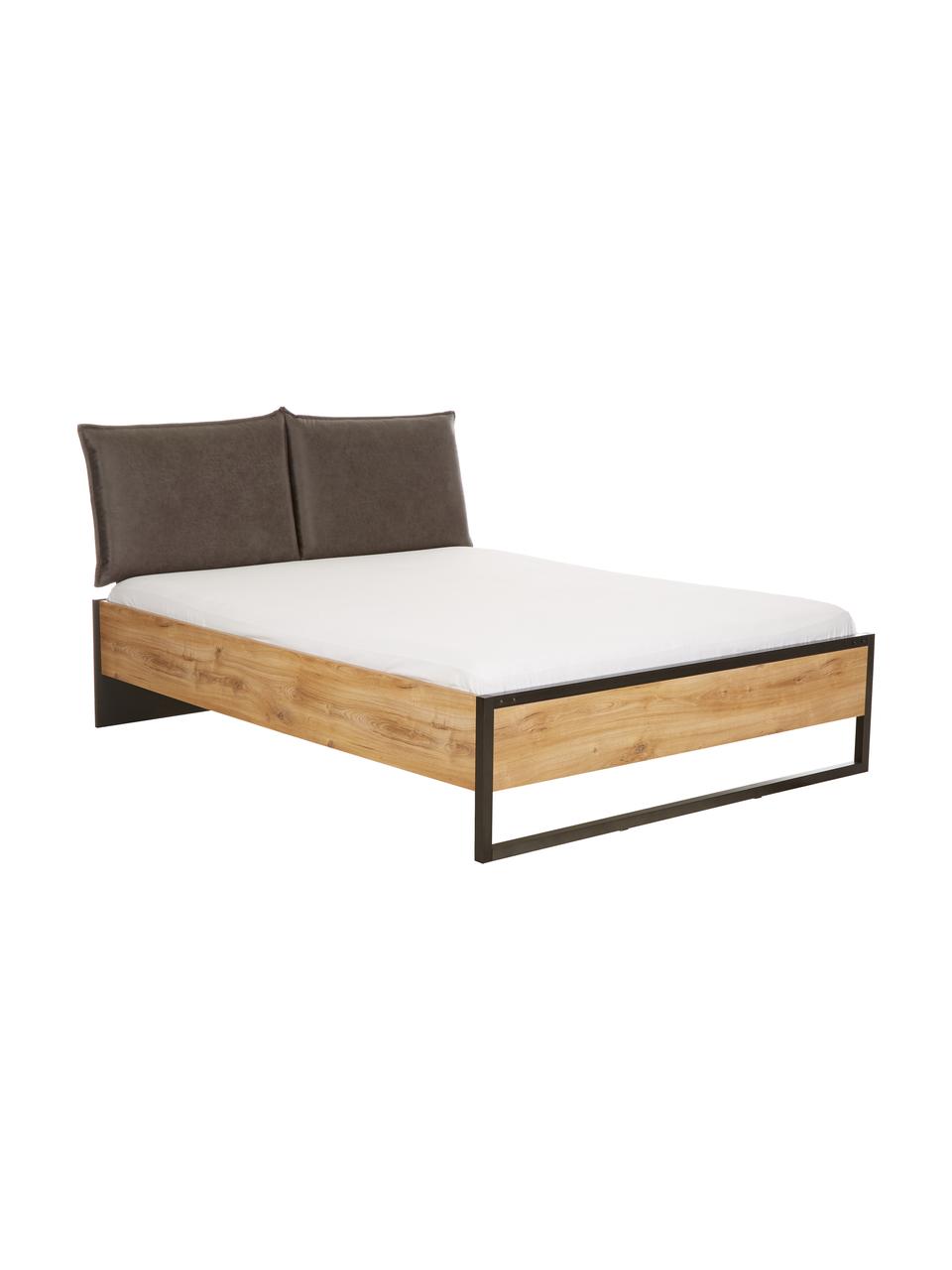 Houten bed Detroit met kunstleren hoofdeinde, Frame: MDF, Poten: gepoedercoat metaal, Grijs, 160 x 200 cm