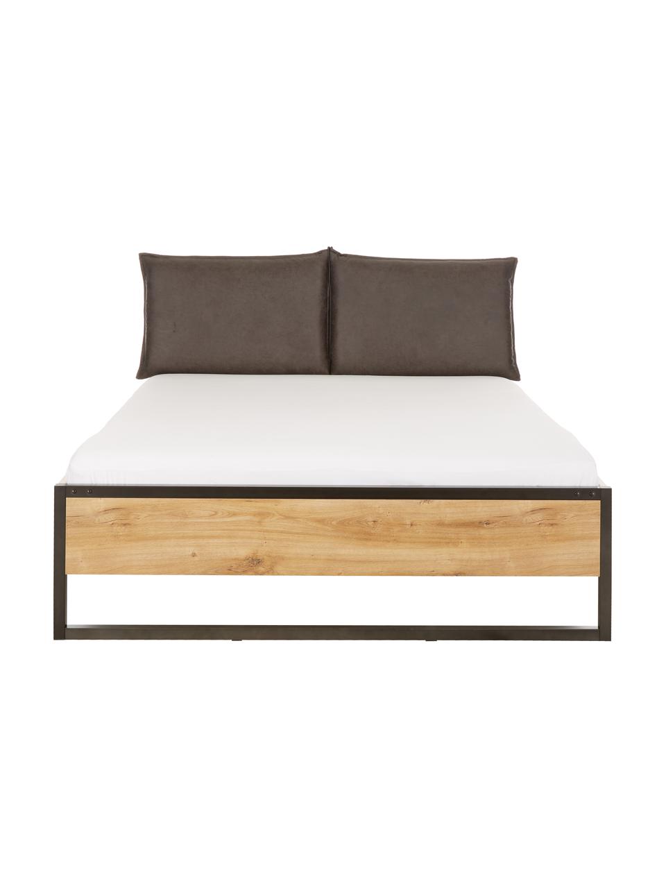 Houten bed Detroit met kunstleren hoofdeinde, Frame: MDF, Poten: gepoedercoat metaal, Grijs, 160 x 200 cm