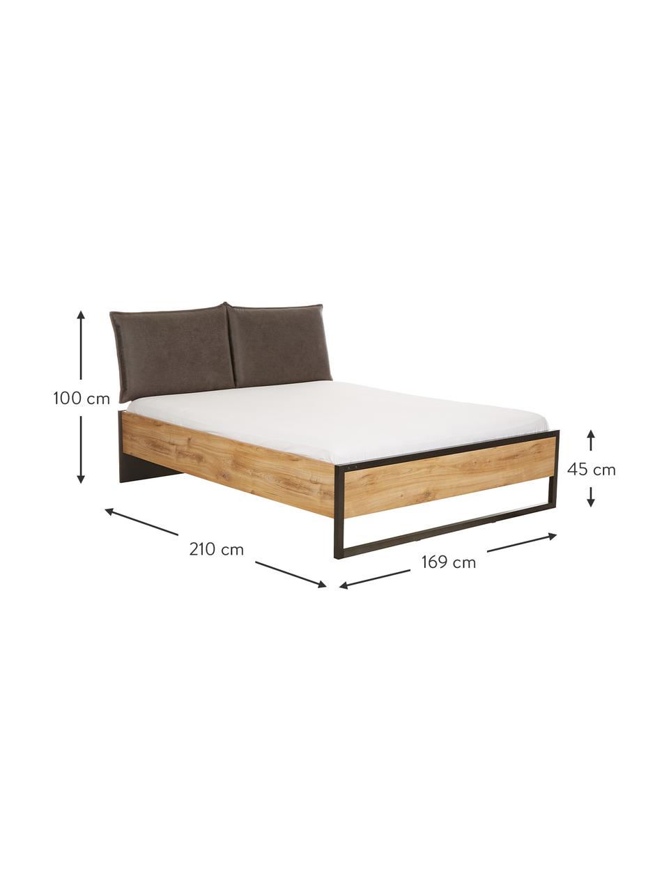 Houten bed Detroit met kunstleren hoofdeinde, Frame: MDF, Poten: gepoedercoat metaal, Grijs, 160 x 200 cm