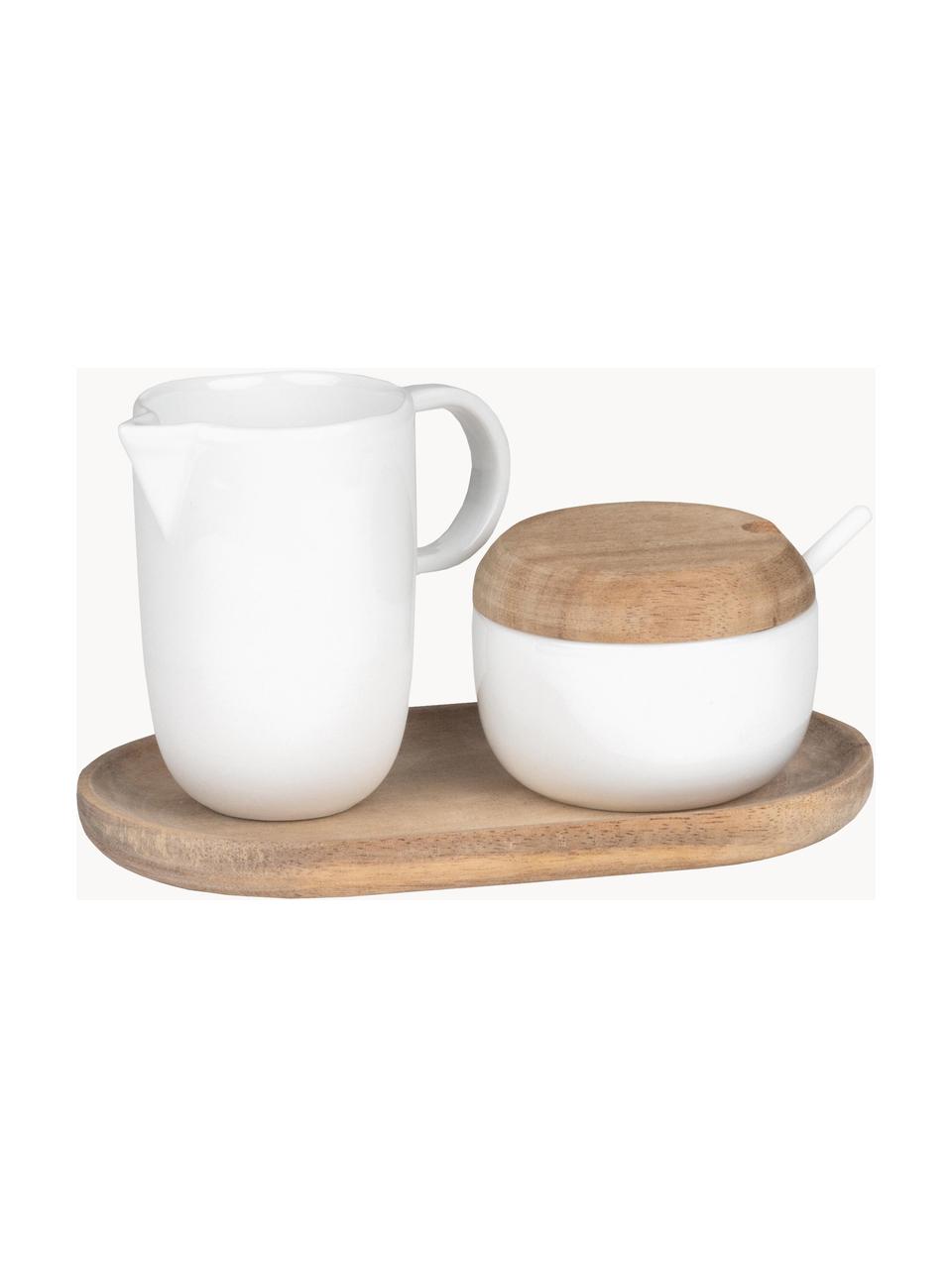 Set brocca latte e zuccheriera Morgen 4 pz, Contenitori: porcellana, Bianco, legno, Set in varie misure