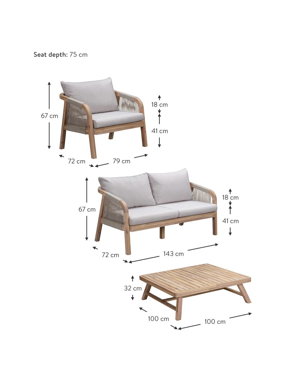 Set lounge para exterior de madera de acacia Diablo, 4 pzas., Tapizado: 100% poliéster (resistent, Estructura: madera de acacia maciza, Gris, madera de acacia, An 143 x F 72 cm