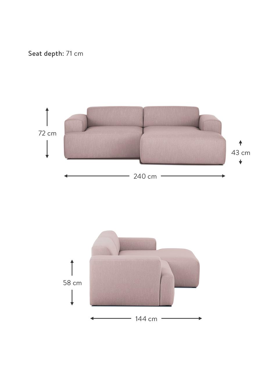 Ecksofa Melva (3-Sitzer) in Rosa, Bezug: Polyester Der hochwertige, Gestell: Massives Kiefernholz, Spa, Webstoff Rosa, B 240 x T 144 cm