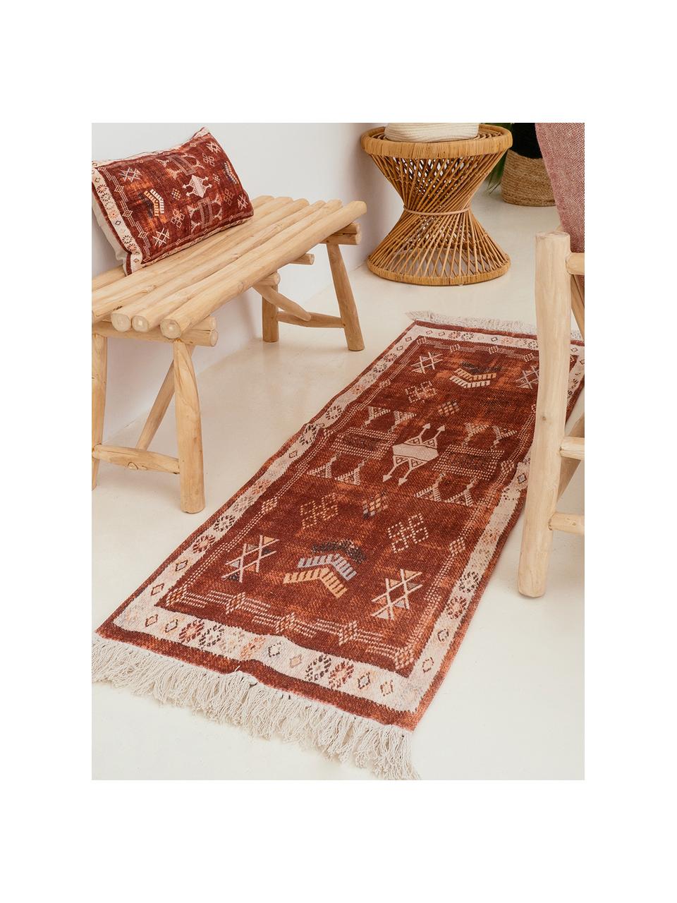 Runner in cotone con frange Tanger, 100% cotone, Terracotta, color crema, Larg. 60 x Lung. 190 cm