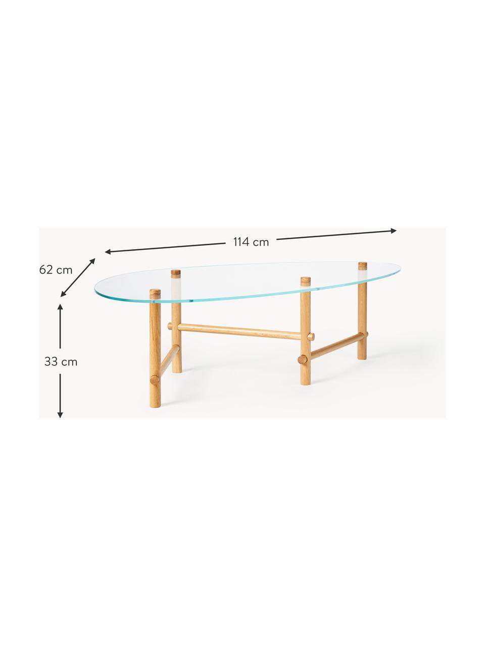 Glas-Couchtisch Pond in organischer Form, Tischplatte: Gehärtetes Glas, Gestell: Massives Eichenholz, Helles Walnussholz, B 114 x T 62 cm