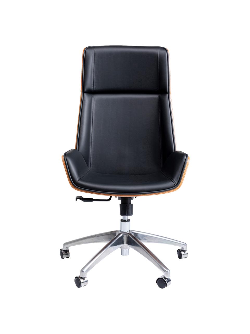 Kunstleder-Schreibtischstuhl Rouven, höhenverstellbar, Sitzfläche: Textil, polyurethanbeschi, Sitzschale: Furnierschichtholz, Beine: Stahl, pulverbeschichtet, Rollen: Aluminium, poliert, Schwarz, Holz, B 59 x T 64 cm