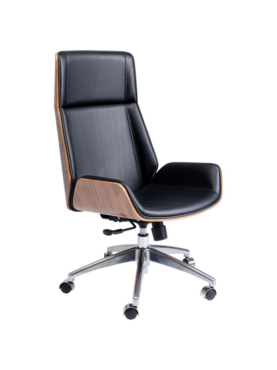Silla de oficina de cuero sintético Rouven, altura regulable, Asiento: textil recubierto de poli, Asiento: madera de chapa laminada, Patas: acero con pintura en polv, Ruedas: aluminio pulido, Negro, madera, An 59 x F 64 cm