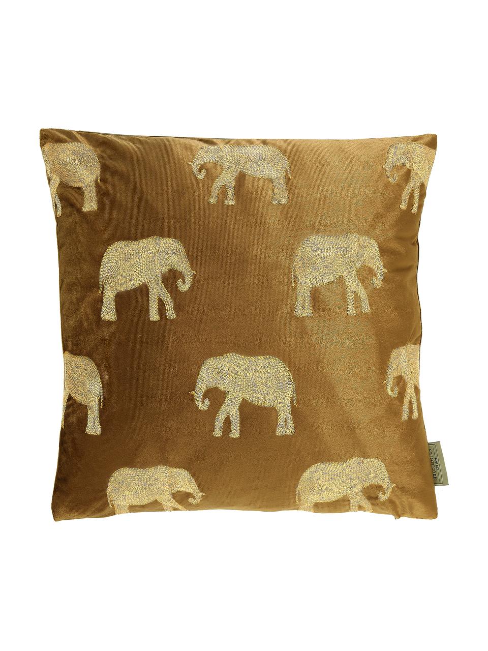 Coussin 45x45 velours brodé Elephant, 100 % velours (polyester), Brun, couleur dorée, larg. 45 x long. 45 cm