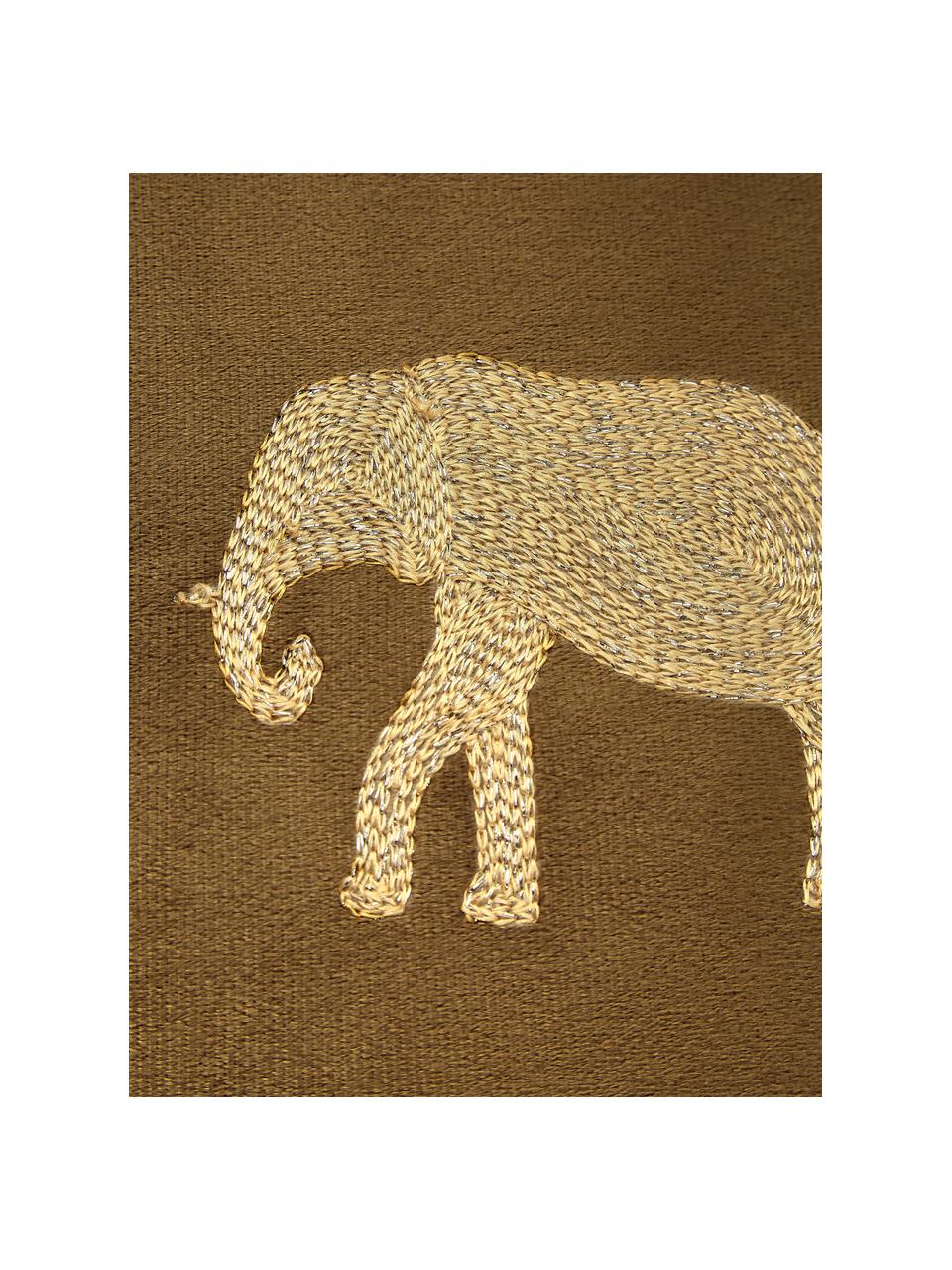 Goudkleurig geborduurd fluwelen kussen Elephant in bruin, met vulling, 100% fluweel (polyester), Bruin, goudkleurig, B 45 x L 45 cm