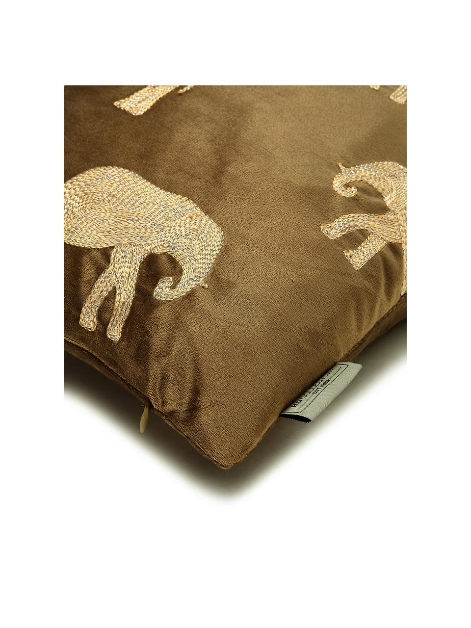 Coussin 45x45 velours brodé Elephant, 100 % velours (polyester), Brun, couleur dorée, larg. 45 x long. 45 cm