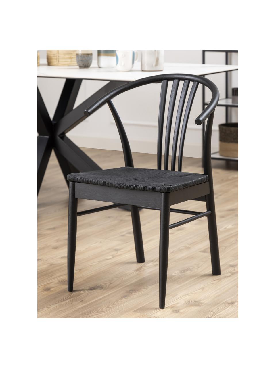 SIlla con reposabrazos York, Estructura: roble barnizado, Asiento: mimbre de junco, Madera de roble pintado en negro, An 54 x Al 54 cm