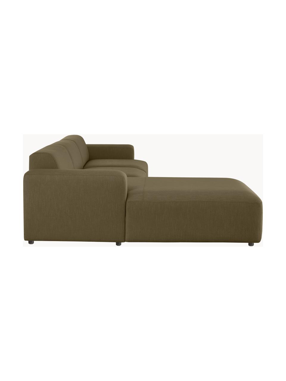 Divano angolare a 4 posti Melva, Rivestimento: 100% poliestre Il rivesti, Struttura: pino massiccio, certifica, Tessuto verde oliva, Larg. 319 x Alt. 196 cm, chaise-longue a destra