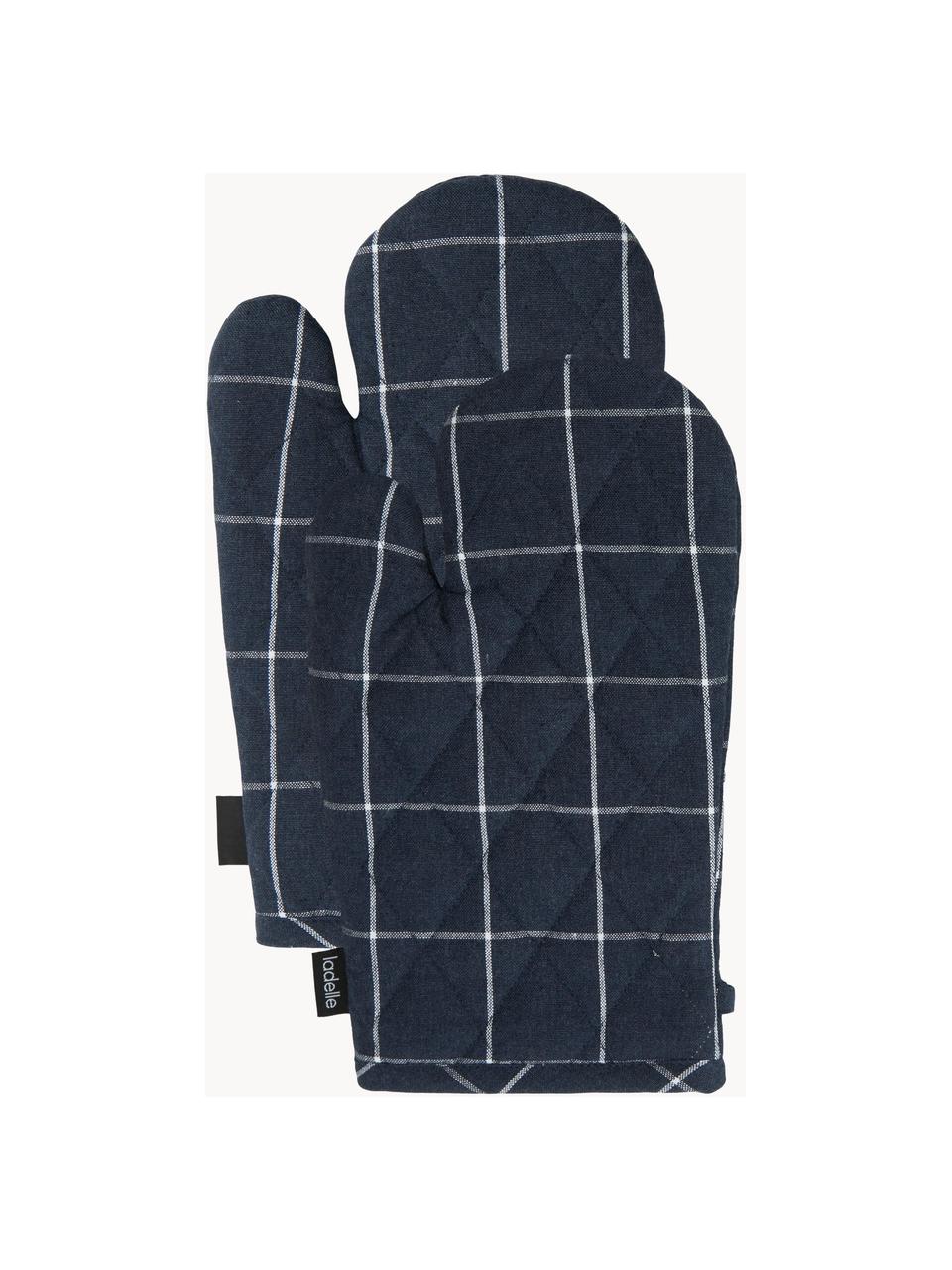 Gants de cuisine Eco Check, 2 pièces, Coton recyclé, polyester, Bleu foncé, blanc, larg. 18 x long. 33 cm