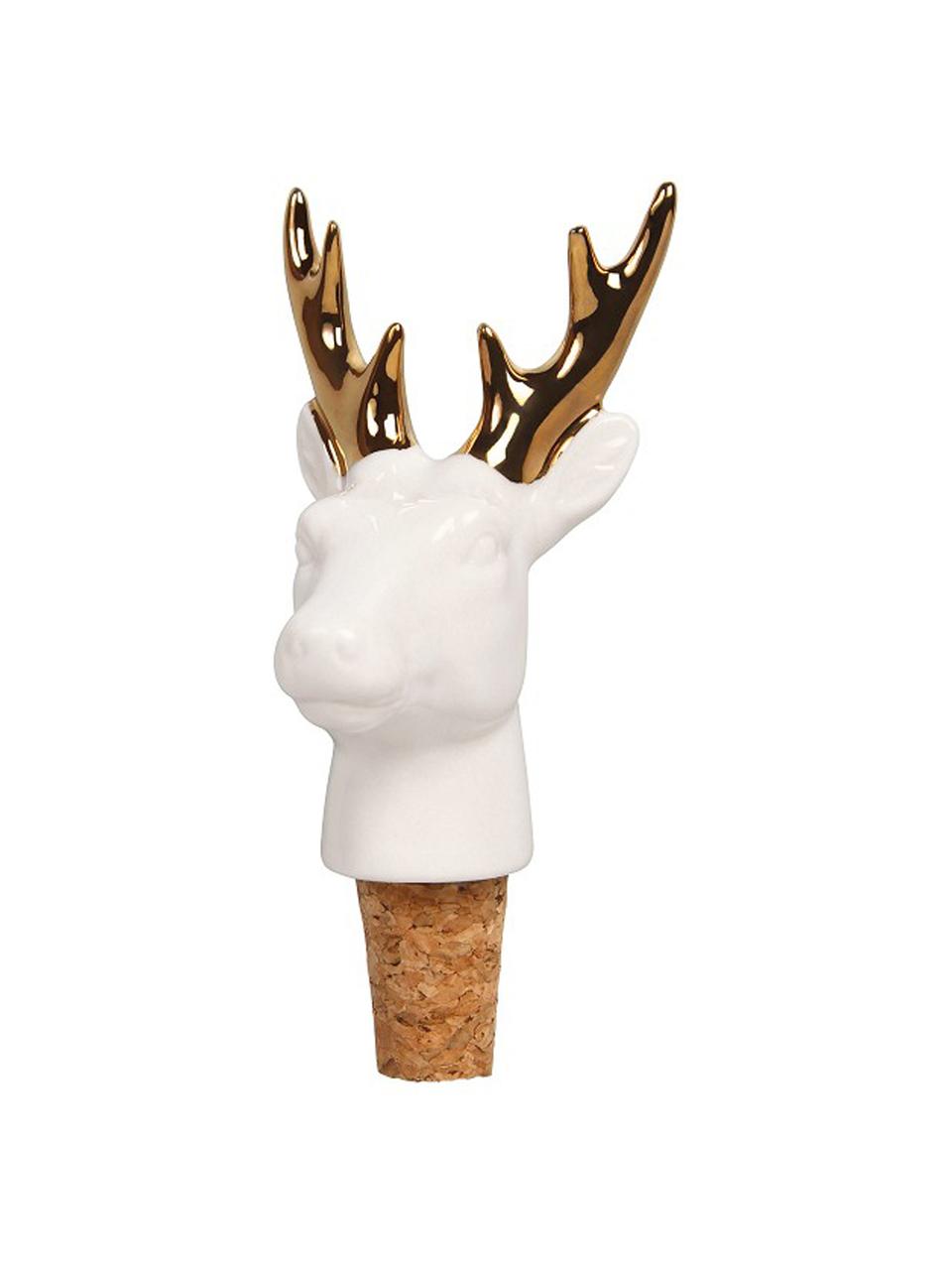 Flessenstop Deer, Porselein, kurk, Wit, goudkleurig, 6 x 13 cm
