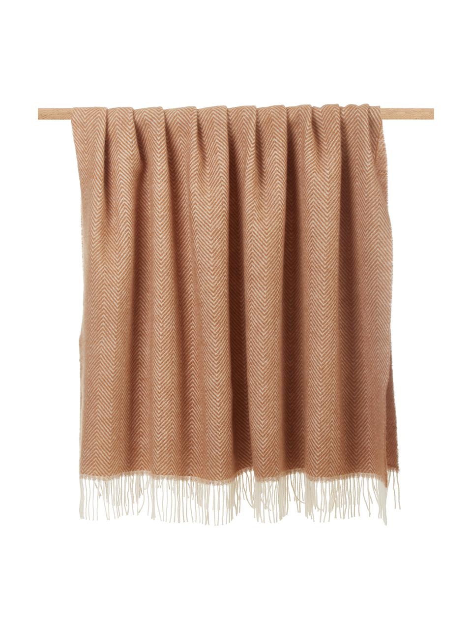 Couverture en laine avec motif à chevrons et franges Tirol-Mona, Caramel, larg. 140 x long. 200 cm