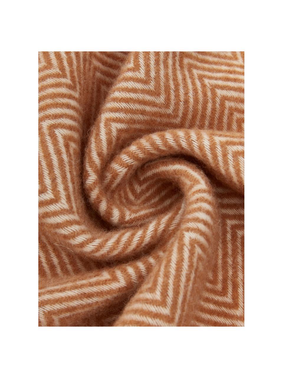 Plaid en laine avec motif à chevrons et franges Tirol, Caramel, larg. 140 x long. 200 cm