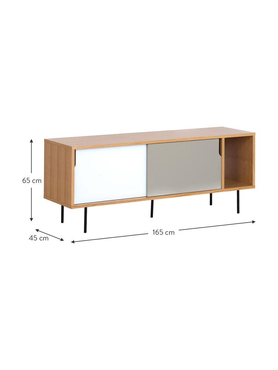 Dressoir Danny met schuifdeuren, Frame: honingraat kernpaneel, Poten: gelakt metaal, Eikenkleurig, mat wit, mat grijs, zwart, 165 x 65 cm