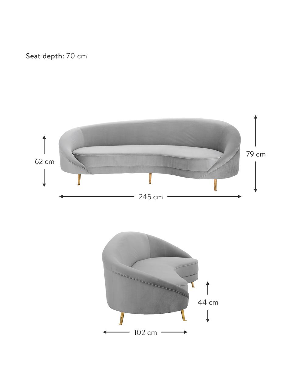 Samt-Nierensofa Gatsby (3-Sitzer) in Grau, Bezug: Samt (Polyester) 25.000 S, Gestell: Massives Eukalyptusholz, Füße: Metall, galvanisiert, Samt Grau, B 245 x T 102 cm