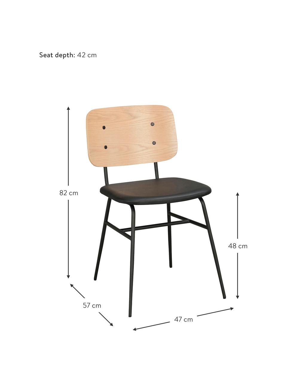 Houten stoel Brent met gestoffeerde zitting, Zitvlak: kunstleer (polyurethaan), Frame: gelakt metaal, Eiken, B 47 x D 57 cm