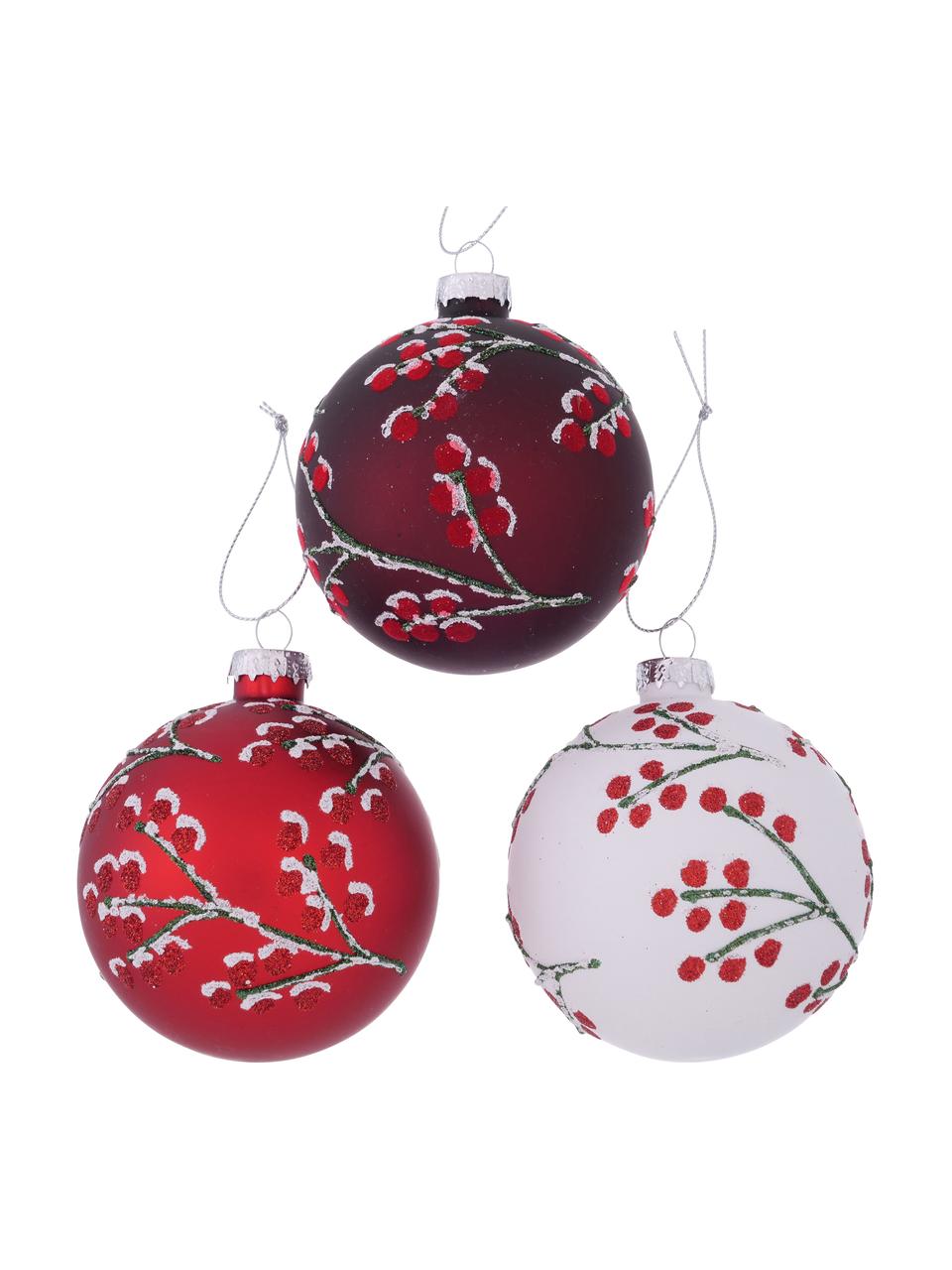 Handgefertigtes Weihnachtskugeln-Set Winterberry, 12-tlg., Rot, Weiß, Grün, Ø 8 x H 8 cm