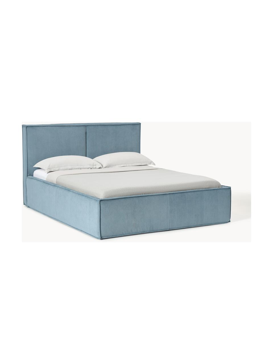 Cama tapizada de pana con espacio de almacenaje Dream, Tapizado: pana (92% poliéster, 8% p, Cuerpo: madera de abeto, aglomera, Patas: madera de abedul Este pro, Pana azul, An 140 x L 200 cm