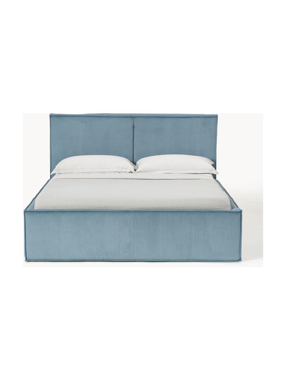 Letto imbottito in velluto a coste con vano contenitore Dream, Rivestimento: velluto a coste (92% poli, Piedini: legno di betulla Questo p, Velluto a coste blu, Larg. 140 x Lung. 200 cm