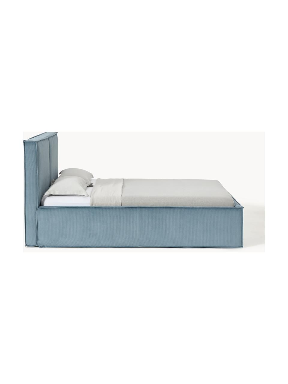 Letto imbottito in velluto a coste con vano contenitore Dream, Rivestimento: velluto a coste (92% poli, Piedini: legno di betulla Questo p, Velluto a coste blu, Larg. 140 x Lung. 200 cm