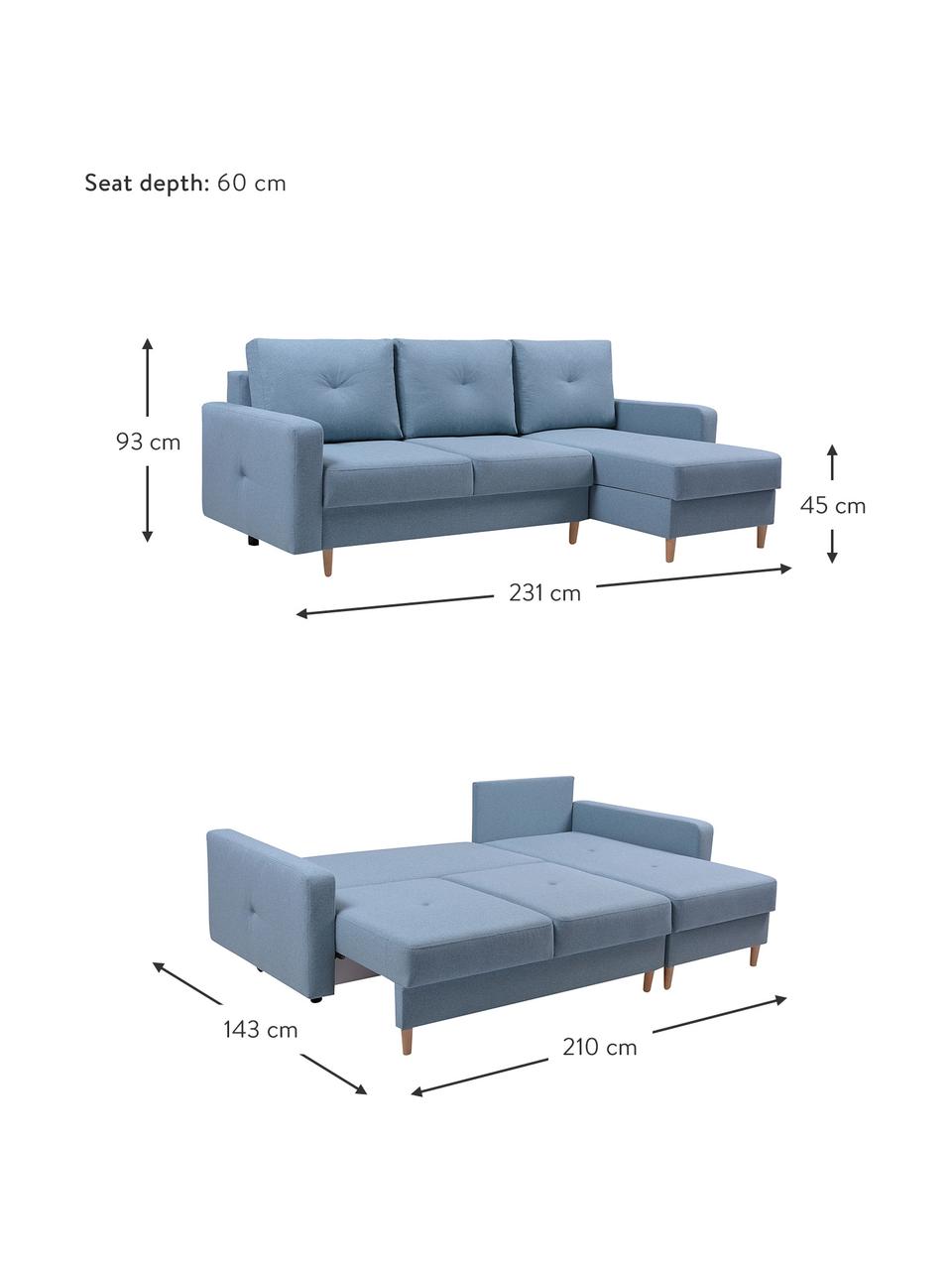 Sofá cama rinconero Vinci, con espacio de almacenamiento, Tapizado: 100% poliéster, Azul, An 231 x F 146 cm