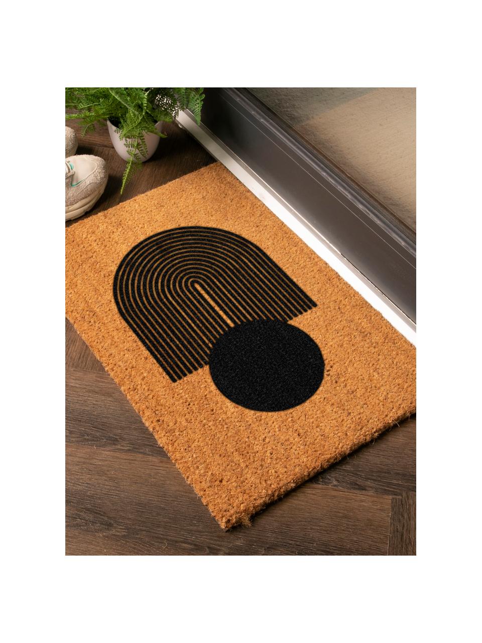 Felpudo Abstract Sphere, Parte superior: 40% fibras de coco (Coir), Reverso: 60% PVC antideslizante, Beige, negro, An 40 x L 60 cm